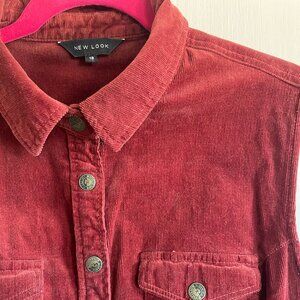 New Look Maroon Corduroy Collared Snap Mini Dress, Size 14
